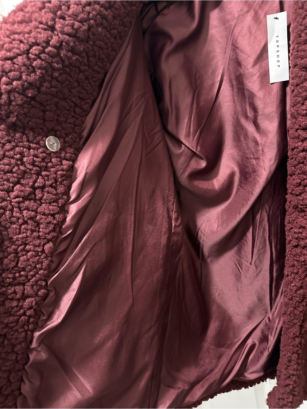 NWT Topshop Frenchy Big Borg Teddy Coat Burgundy Size 10 Oversized - Picture 6 of 7
